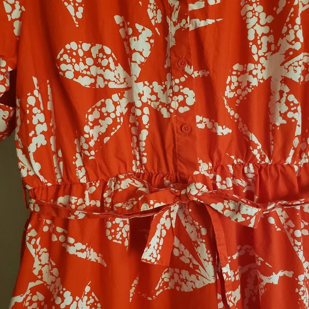 DKNY Red-Orange Print Shirt Dress 12 White Leaf Print Cotton Midi - Picture 4 of 12